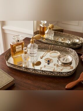 Vintage Oblong Brass Filigree Vanity Mirror Tray - 14" x 8" x 1-1/2"